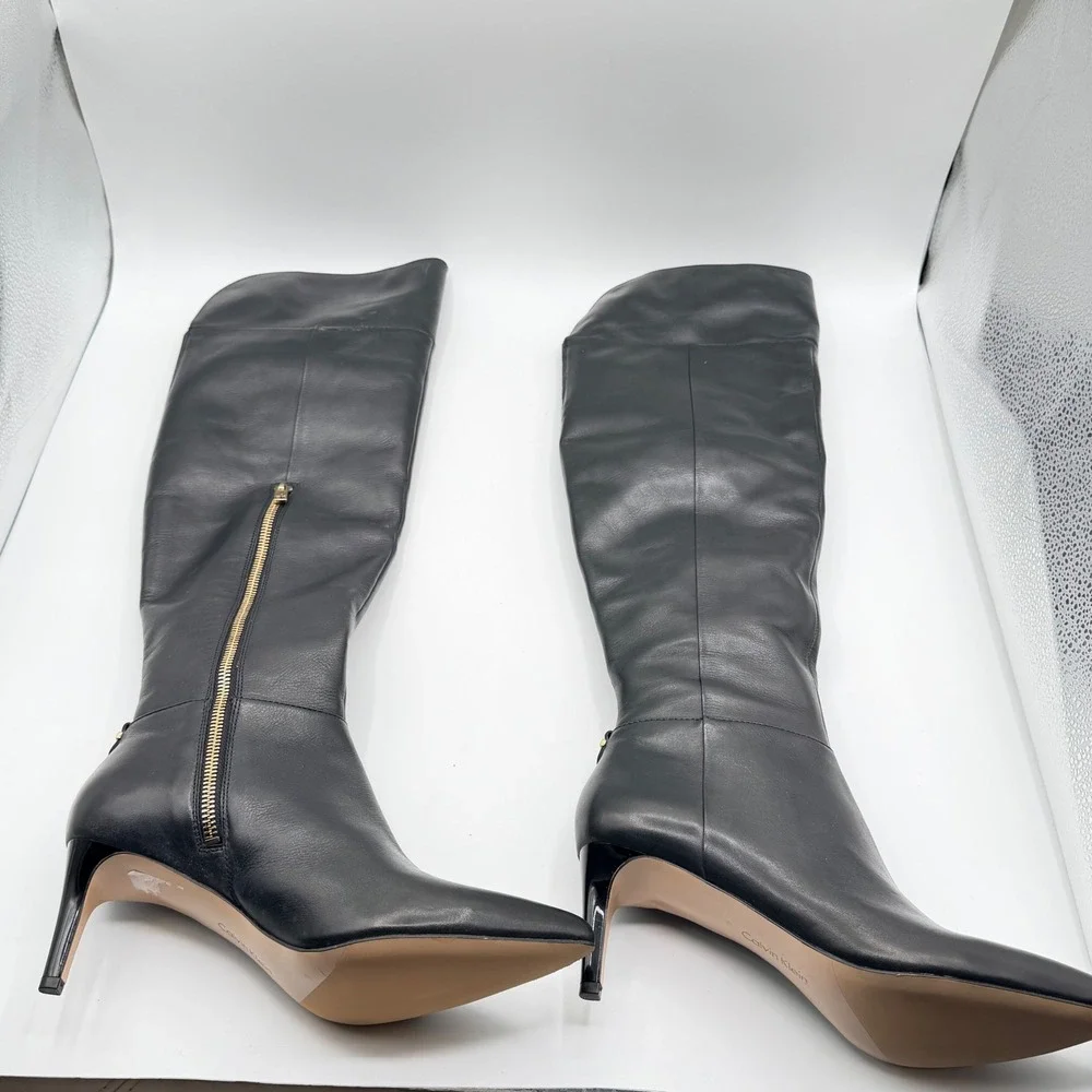 Calvin Klein Coletta Over the Knee Boots Women 6.5 Black Leather Stiletto Luxury